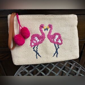 Old Navy Flamingo Beach Embroidered Clutch with Pom Poms